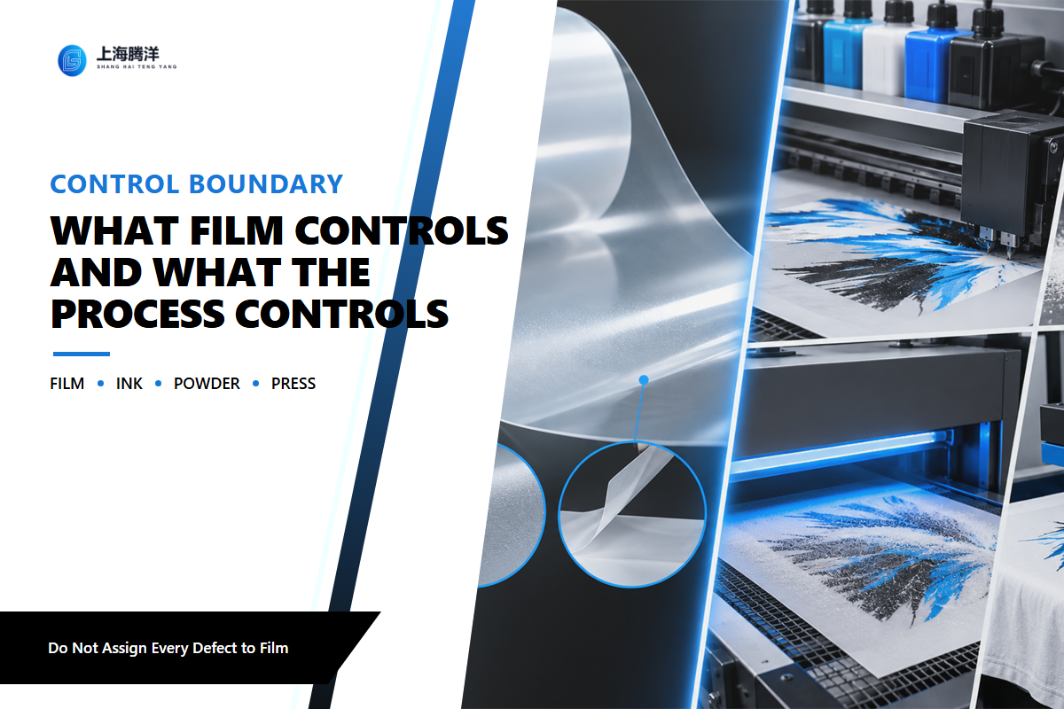 Heat transfer PET film controls compared with ink, powder, curing and heat-press process variables