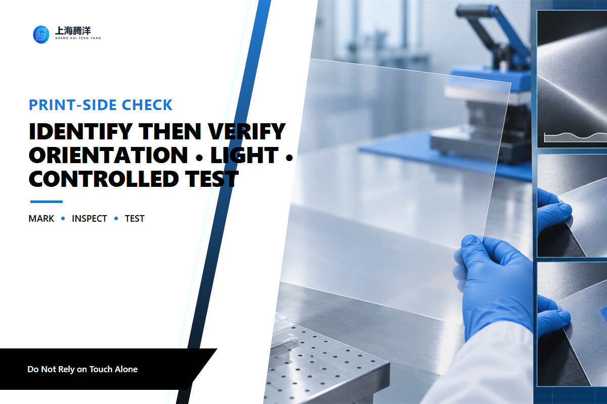 Printable-side verification using edge handling, orientation marks, raking light and a controlled print test
