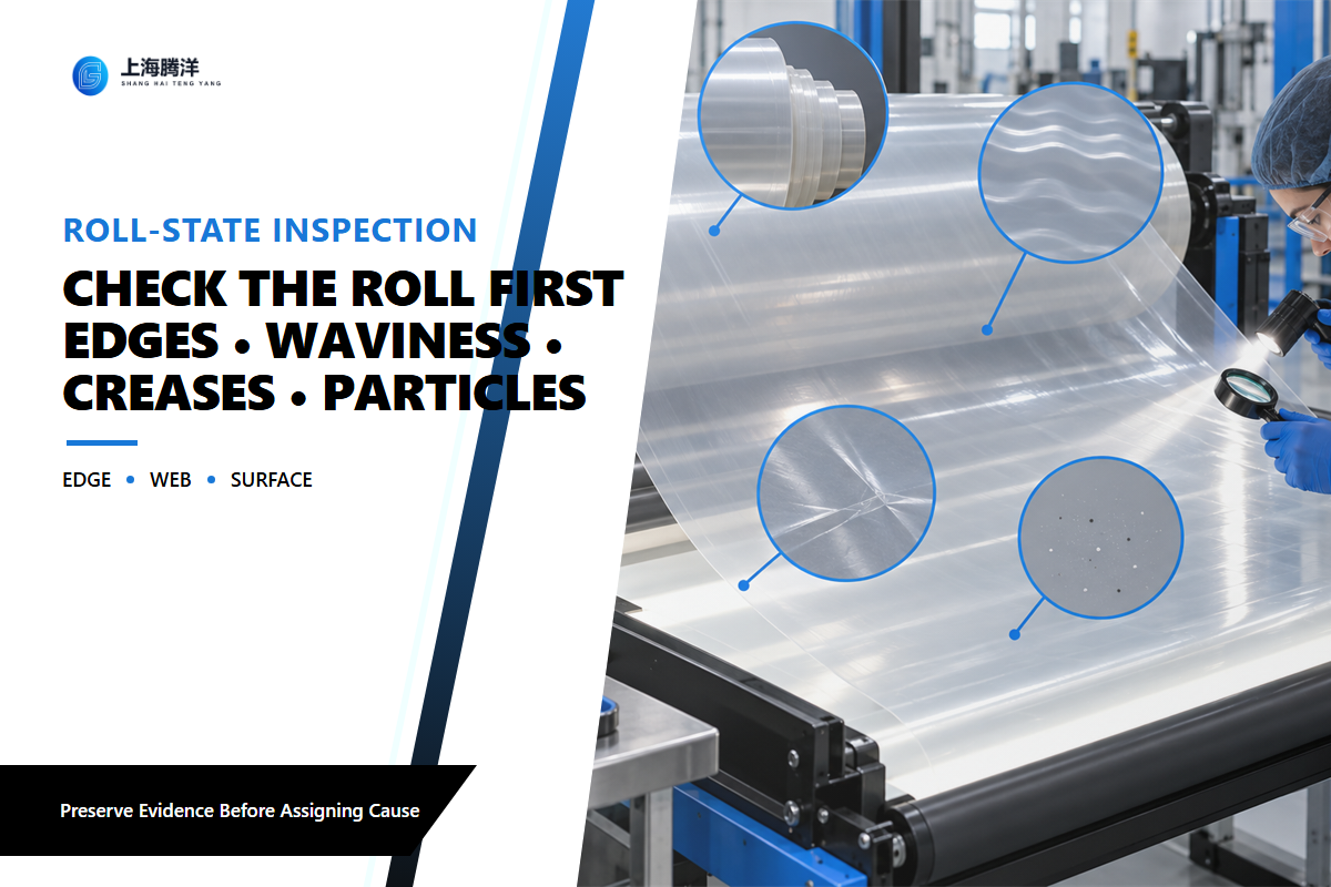 PET film roll inspection for edge condition, telescoping, waviness, creases and particulate contamination