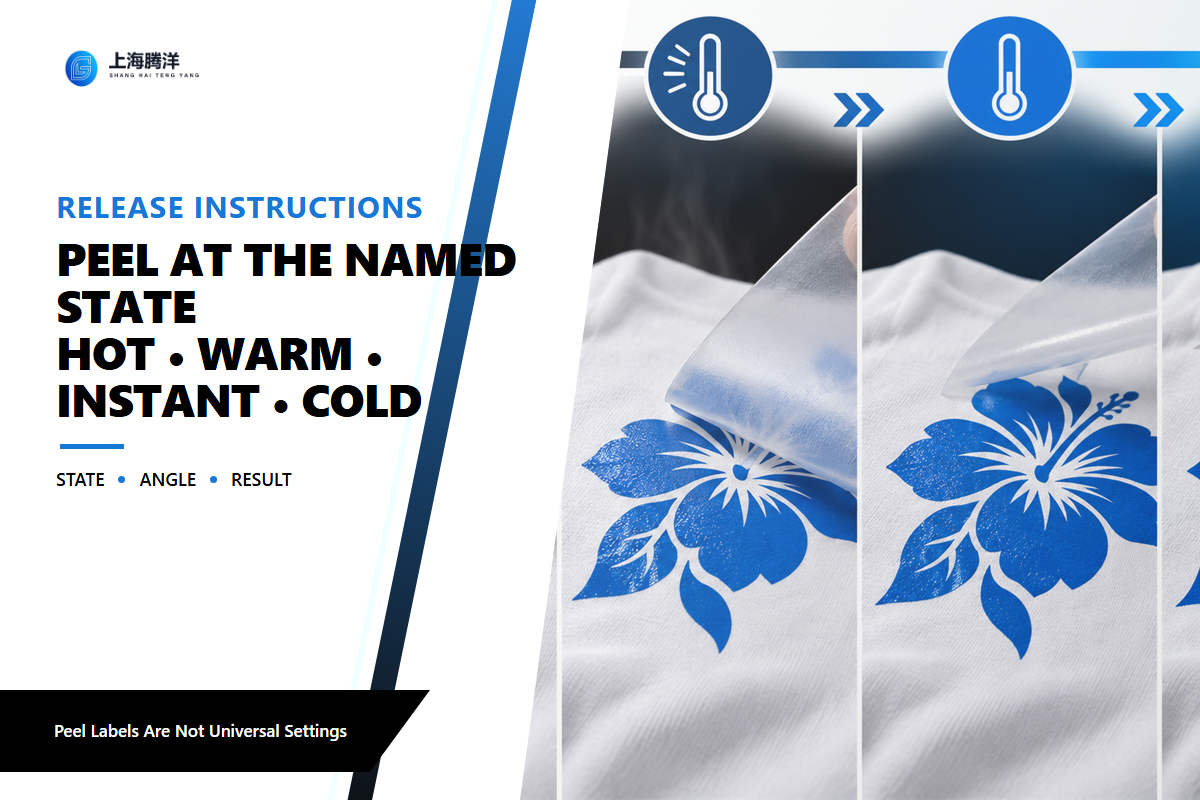 Four controlled thermal states showing how peel timing affects PET film release from a transferred textile
