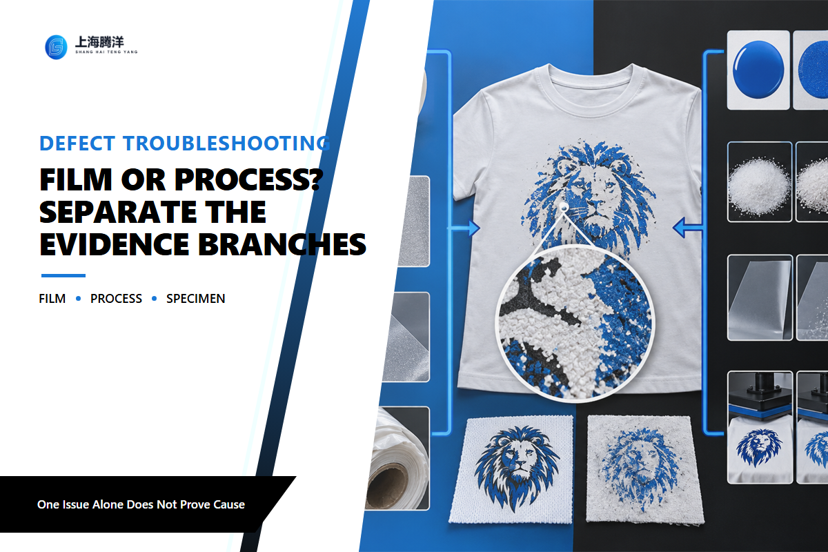 Troubleshooting branches separating film-led evidence from ink, powder, cure and heat-press process evidence