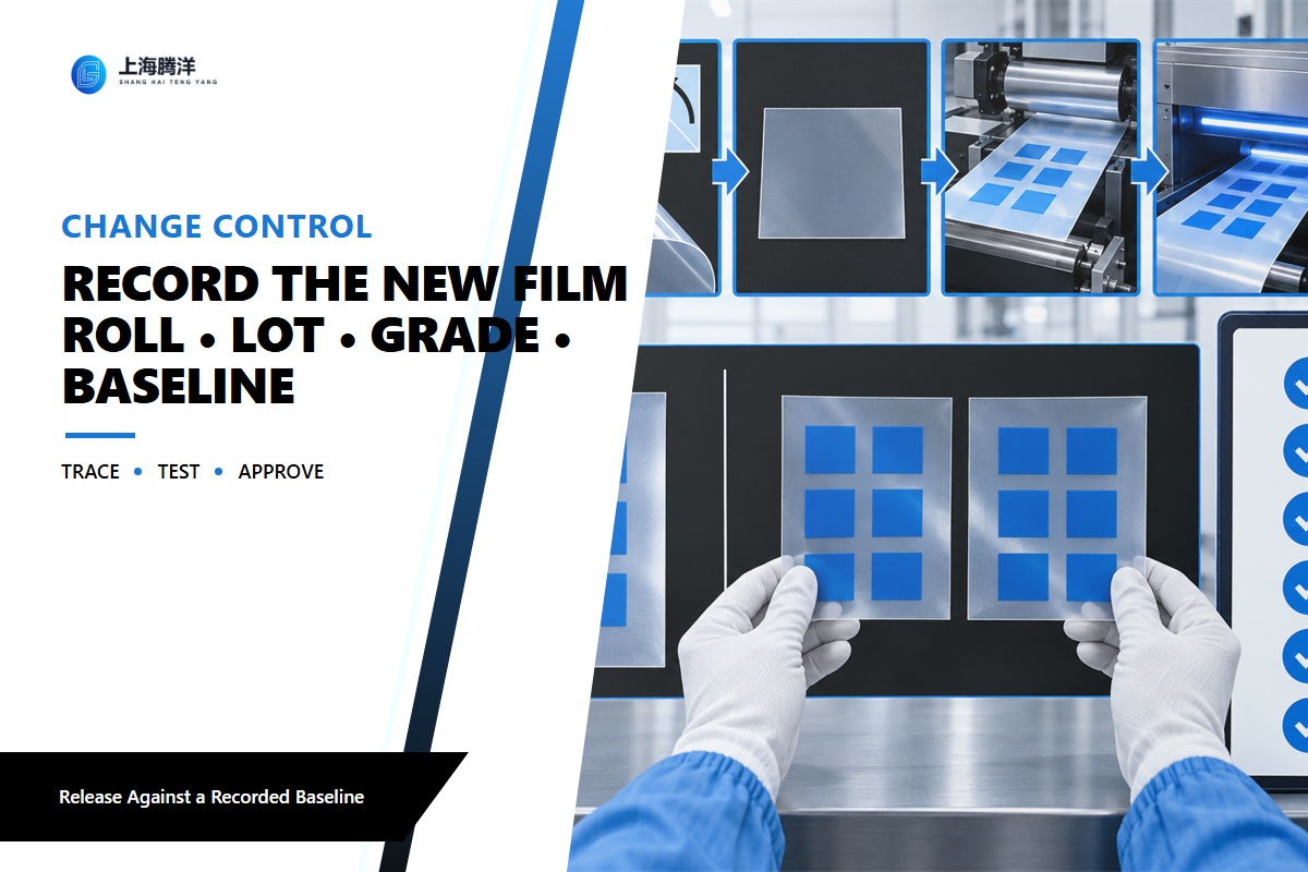 Film change record linking roll identity, orientation, baseline controls, process checkpoints and approval