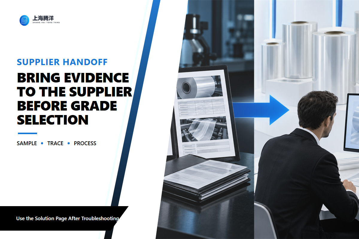 Completed troubleshooting evidence packet handed off to a heat transfer PET film supplier for grade selection