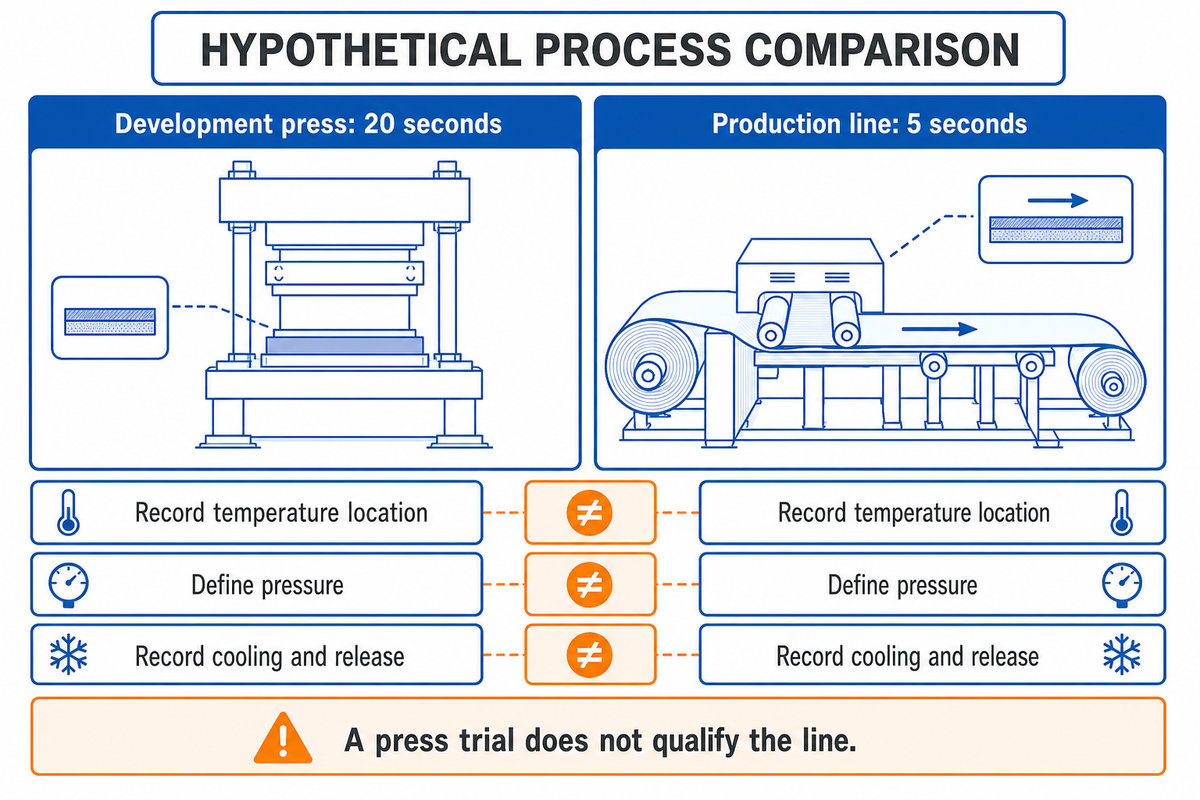 Hypothetical 20-second press and 5-second line exposures need separate process records and validation.
