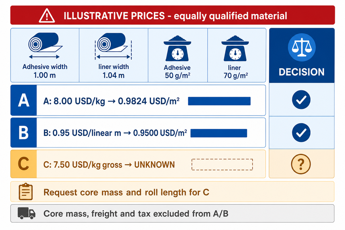 Illustrative equal-quality quotes A and B convert to adhesive area; quote C remains unknown without core and roll data.