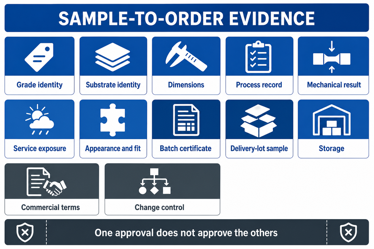 Twelve evidence categories keep sample approval, batch certificates and delivery-lot acceptance separate.
