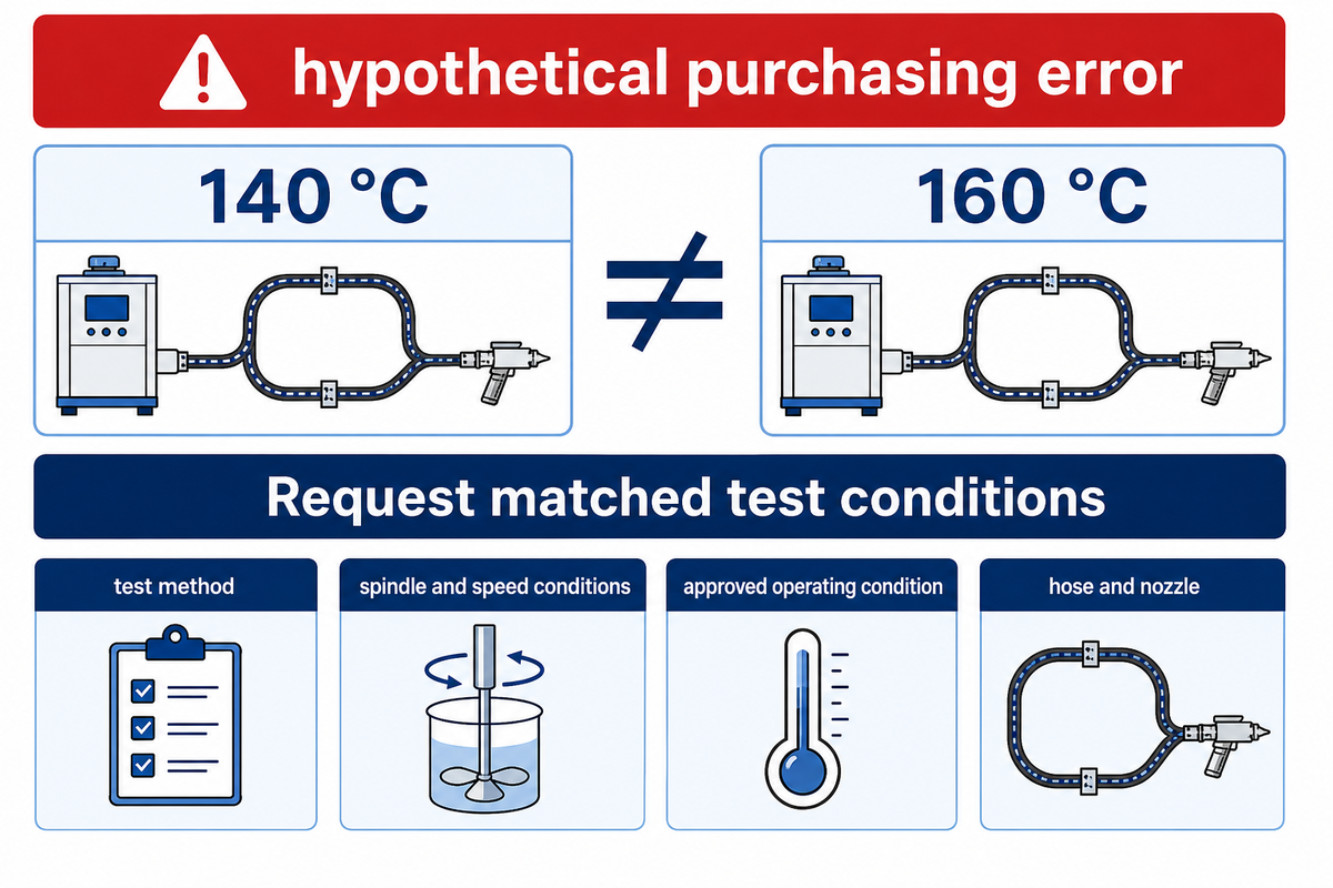 Viscosity readings at 140 and 160 C are not comparable without matched conditions; ASTM D3236 context.