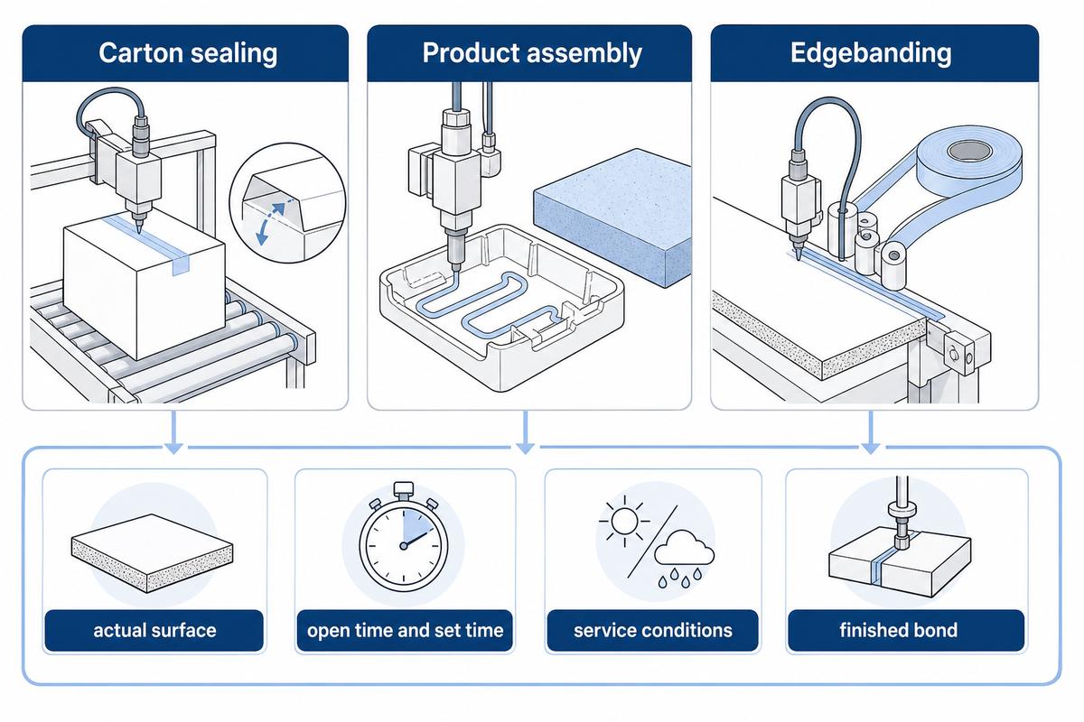 Packaging, assembly and edgebanding require different trials but all start with finished-bond requirements.