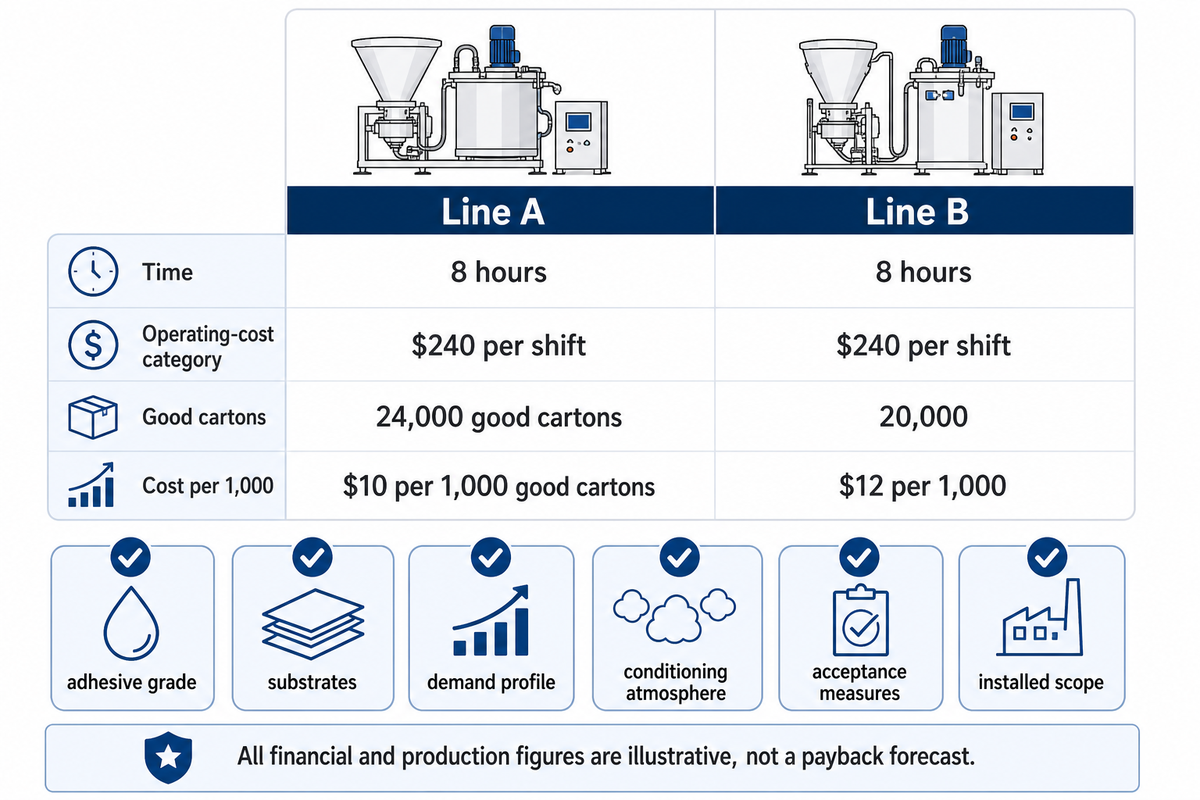 Illustrative equal-cost shifts produce $10 versus $12 per 1,000 good cartons; compare matched conditions.