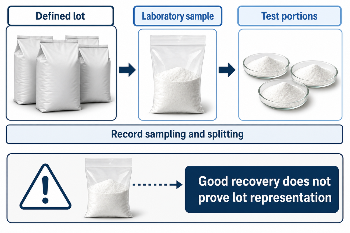 Sampling and sample splitting are separate records; ISO 14488 addresses representation of the defined bulk material.
