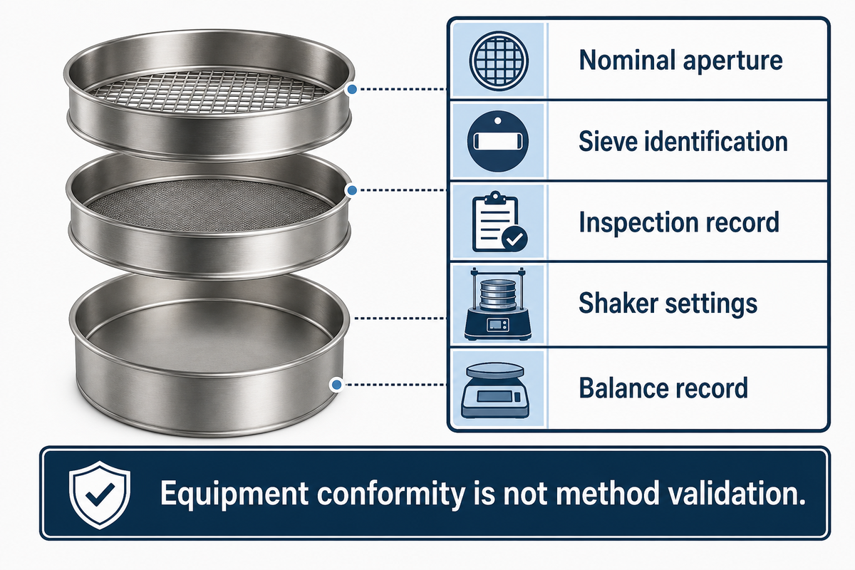 Aperture, sieve identity and apparatus records belong together; ASTM E11 conformity alone does not validate the method.