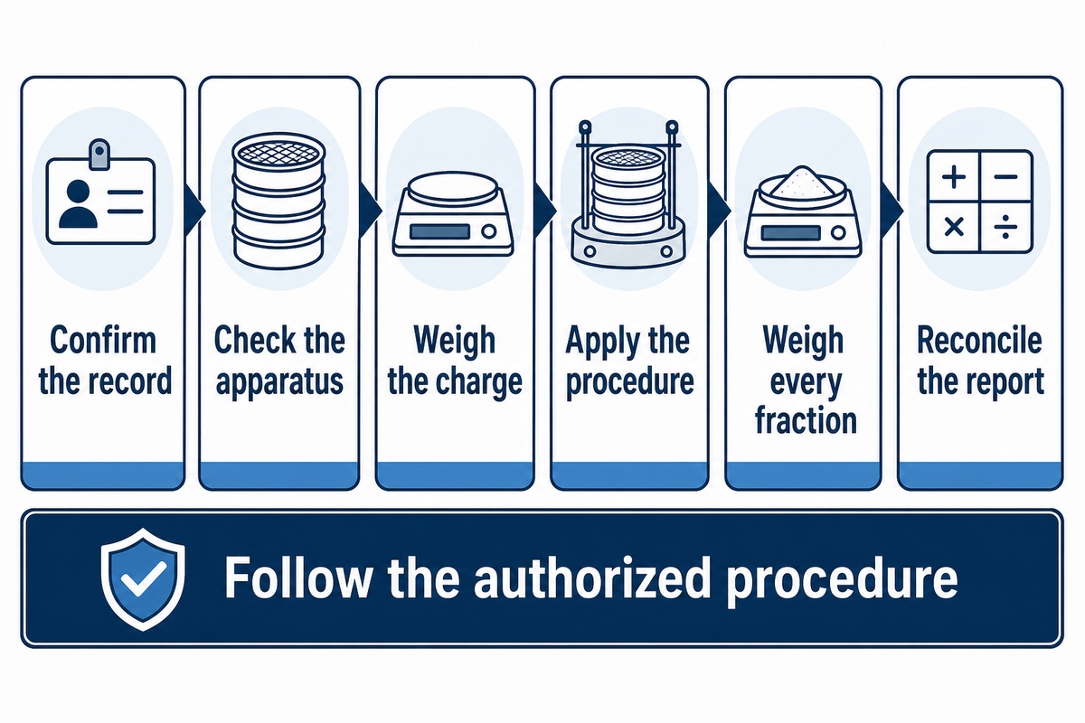 Confirm, check, weigh, apply, weigh fractions and reconcile; this editorial checklist does not replace the lab procedure.