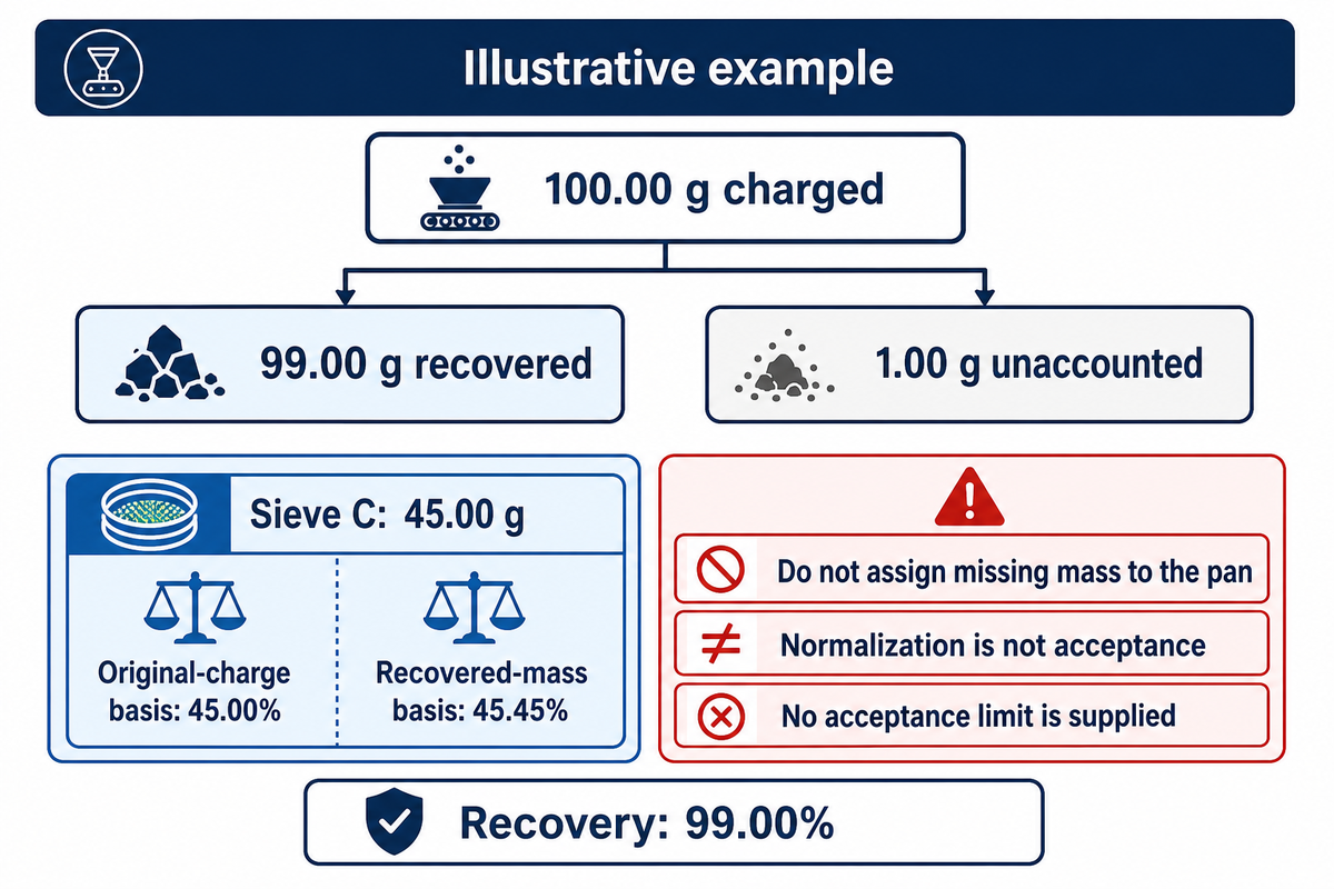 Illustrative: 45 g is 45% of a 100 g charge but 45.45% of 99 g recovered; normalization does not repair loss.