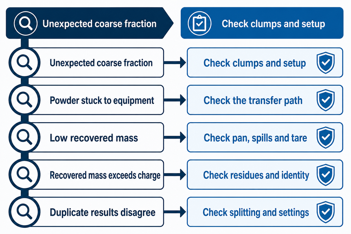 Investigate residues, splitting and transfer before blaming the material; Haver guidance identifies cleaning carryover.