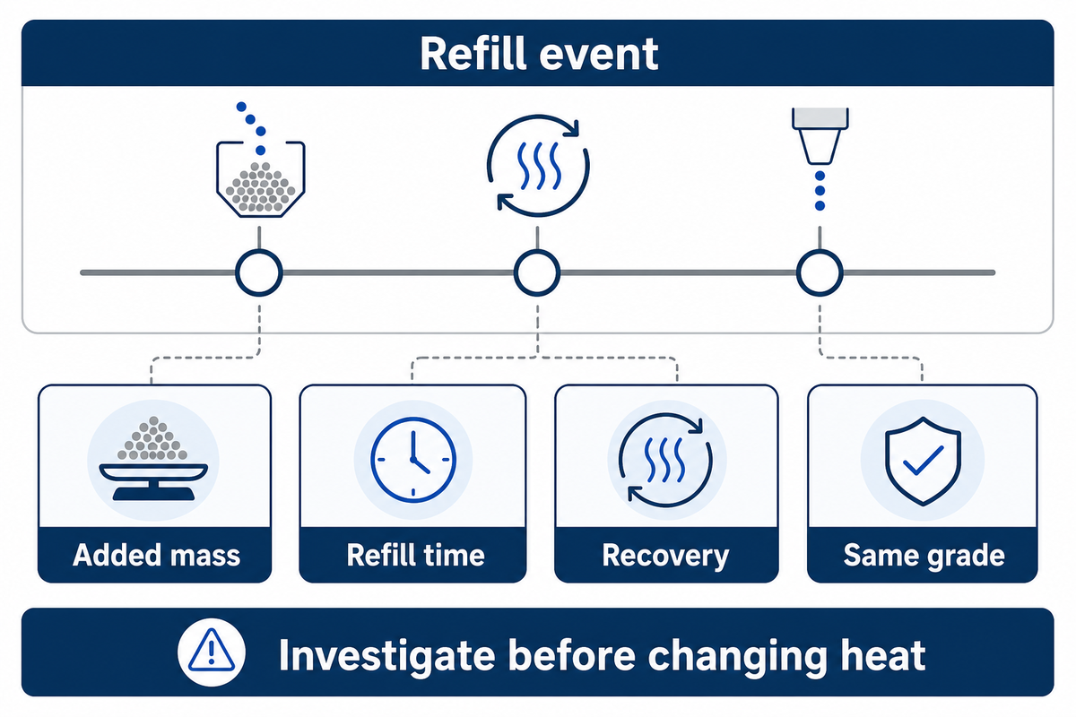 Record refill mass, timing and recovery before changing heat; Robatech and Henkel handling guidance.