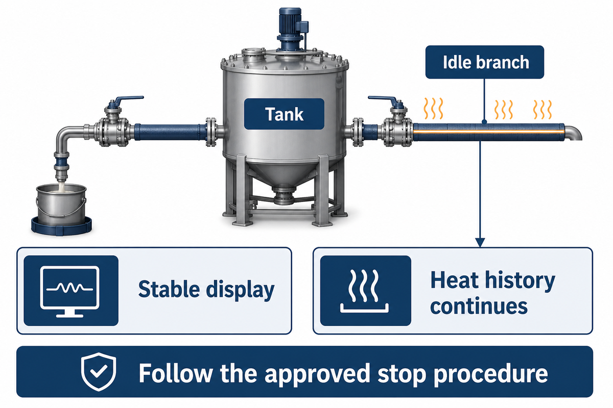 Heated adhesive can remain in an idle branch; vendor-affiliated ASI guidance identifies downstream residence.