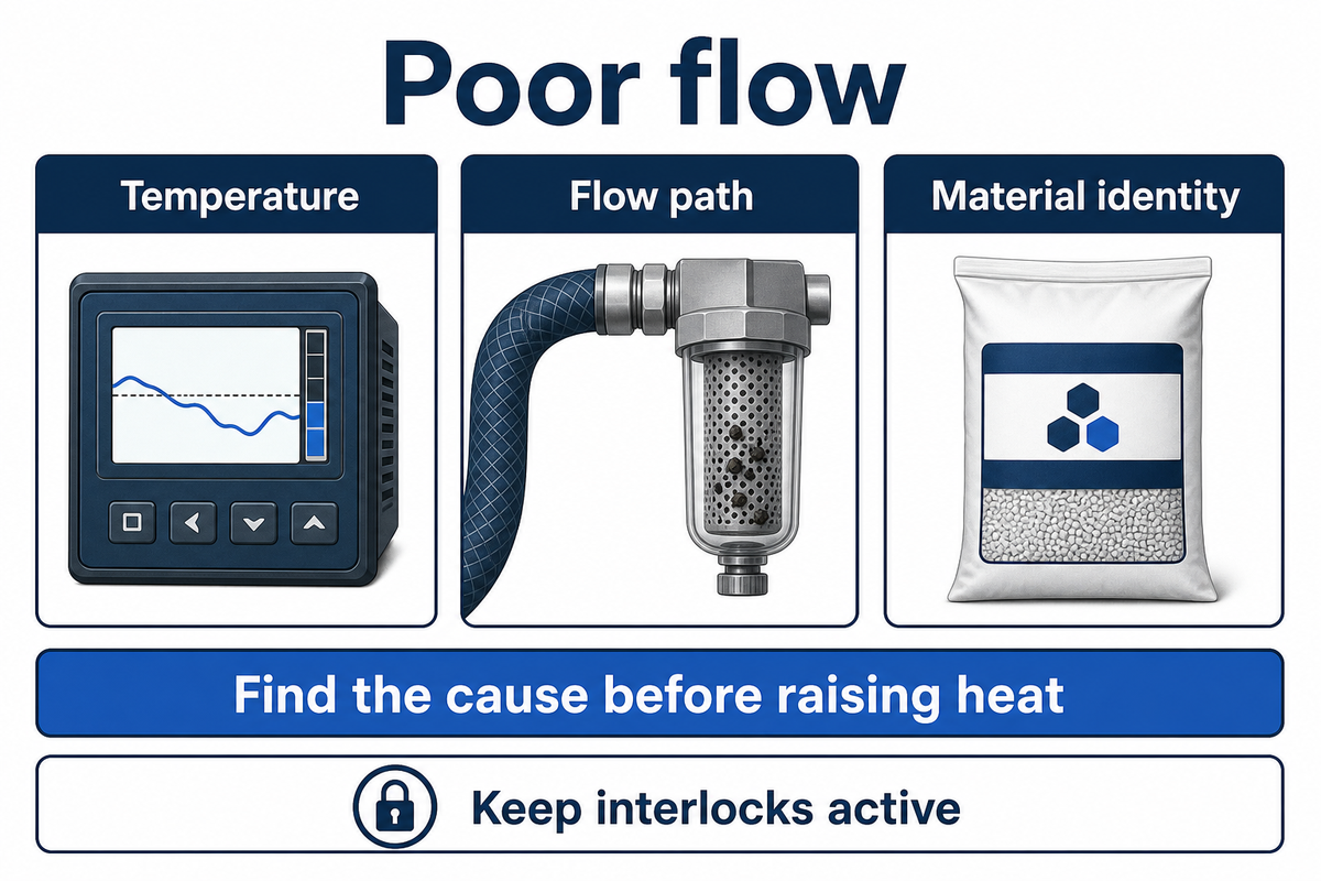 Low temperature and a restricted nozzle can share a poor-flow symptom; Graco's manual requires cause-based checks.