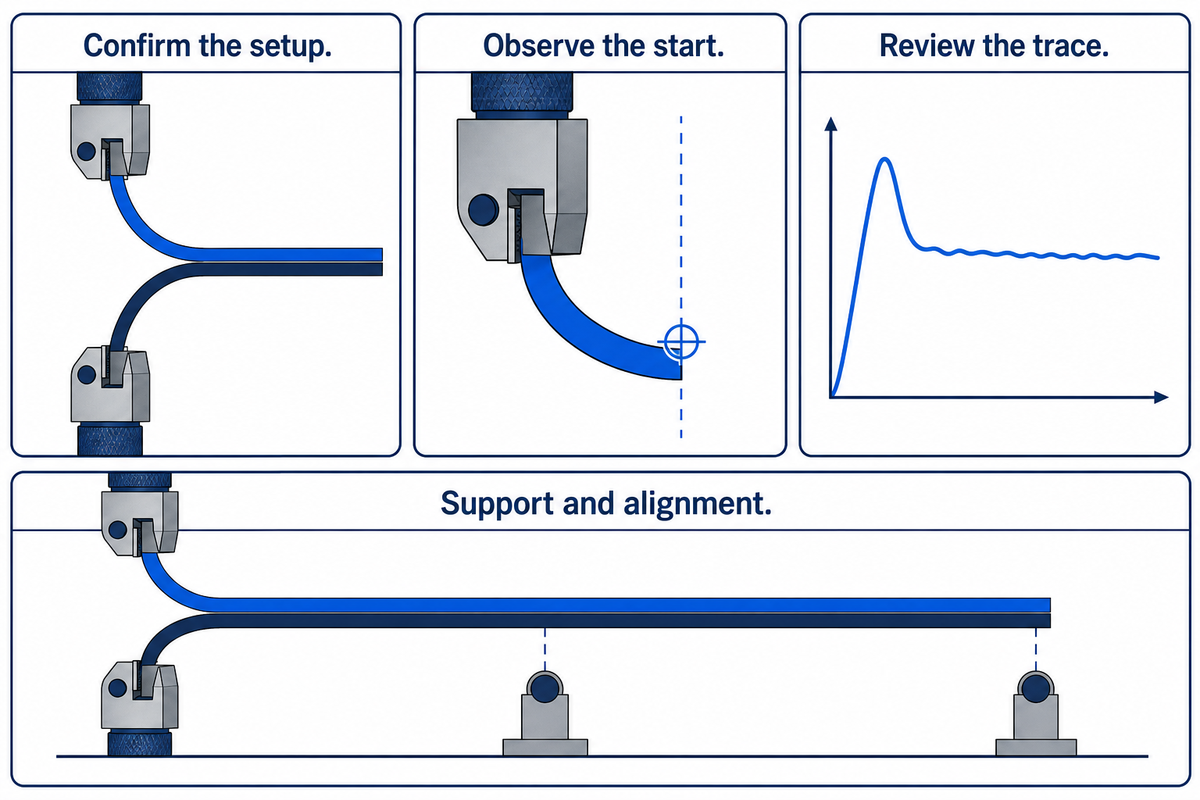 Check setup, grip behavior and trace; Padhye et al. explain why gravity can affect thin-laminate T-peel tests.