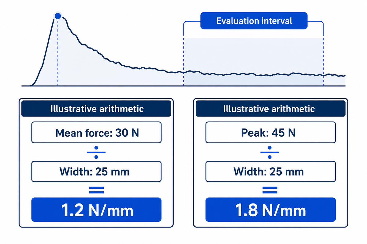Illustrative: 30 N / 25 mm = 1.2 N/mm; a 45 N peak gives 1.8 N/mm and is a different statistic.