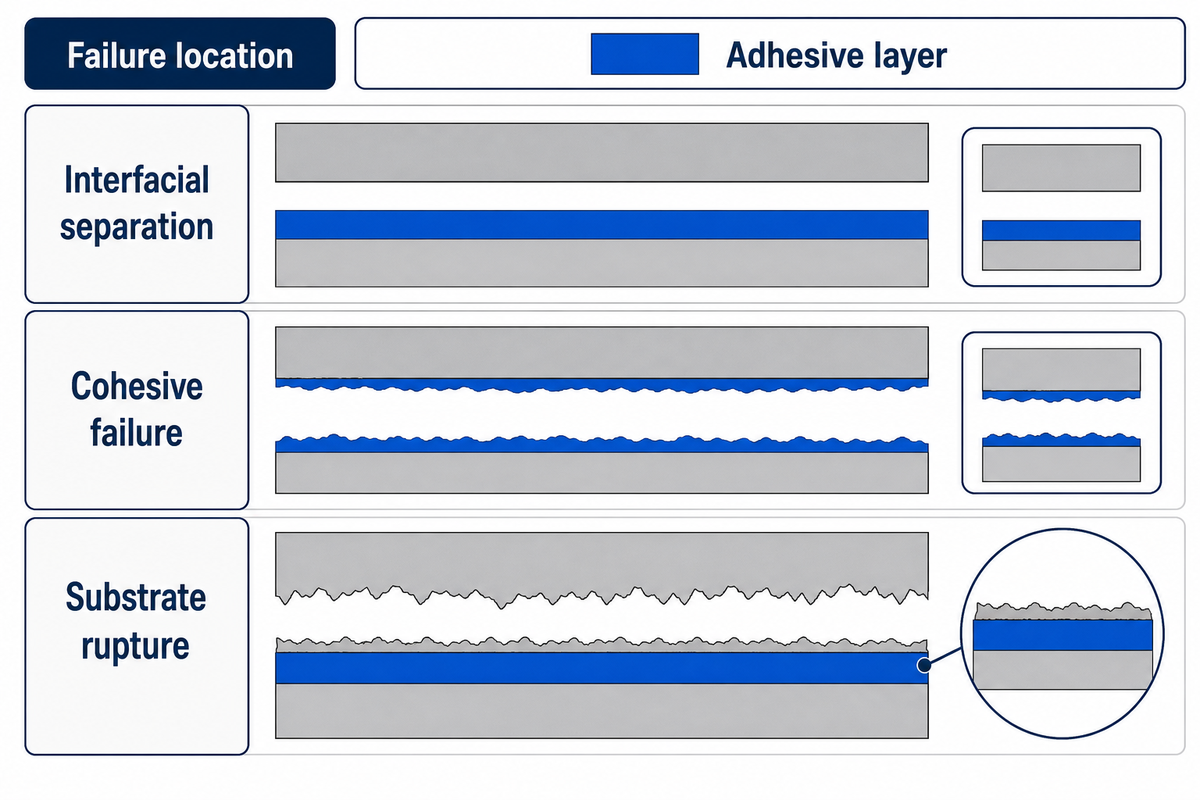 Failure may follow the interface, adhesive or adherend; location does not establish cause. ISO 10365 scope.
