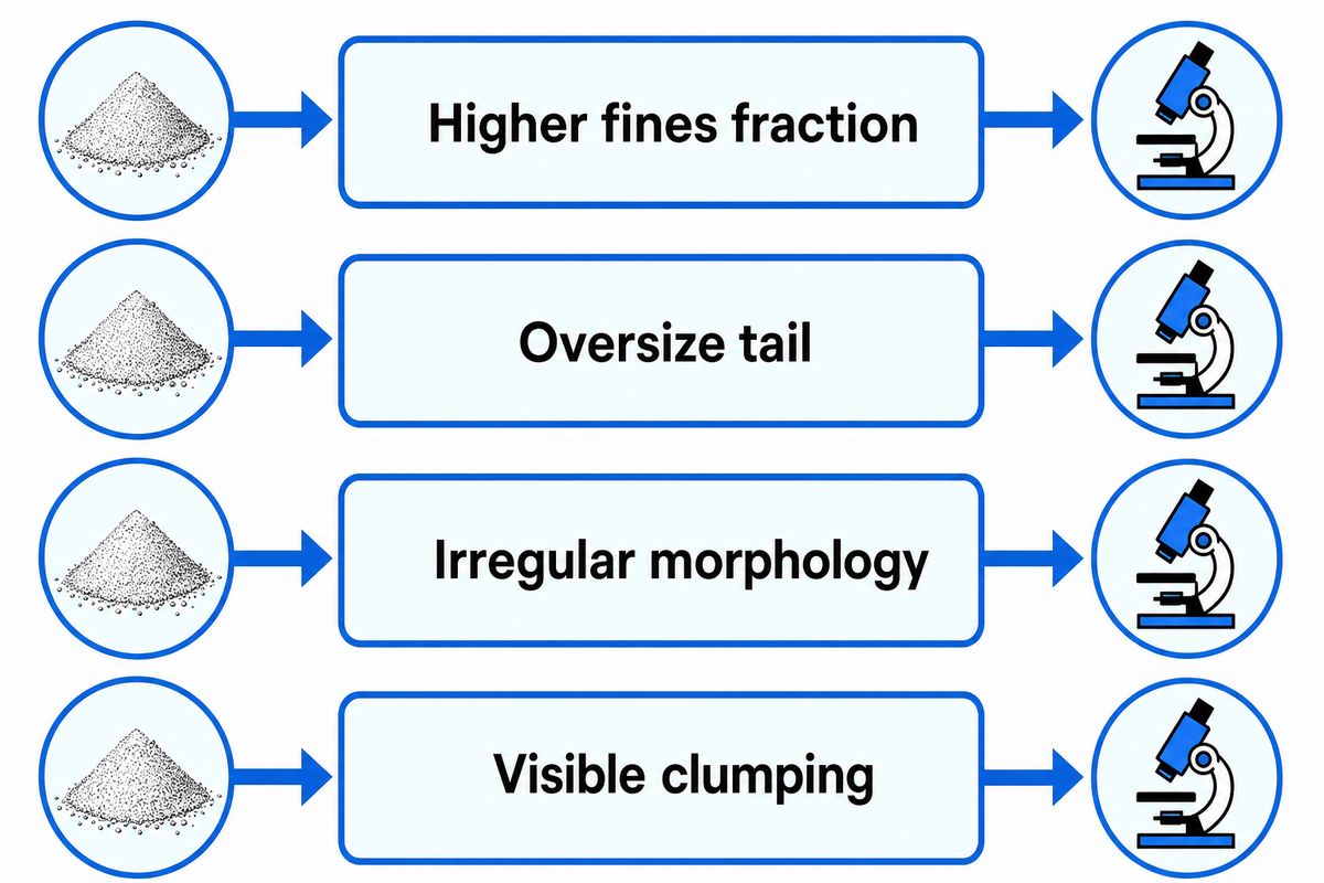 PES powder fines, oversize, morphology and clumping trigger controlled checks but do not predict bond strength