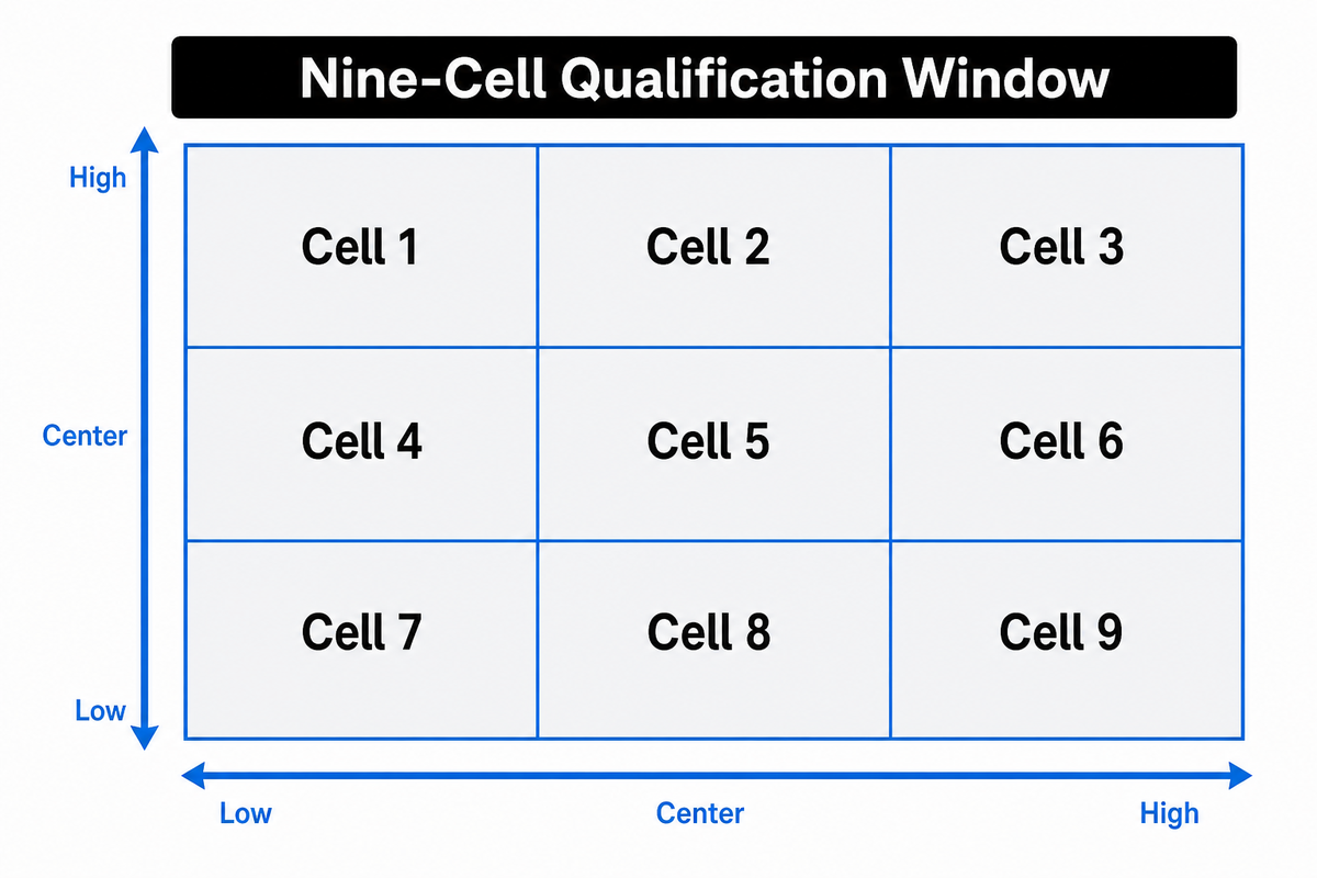A nine-cell PES qualification matrix screens bondline thermal exposure against a second controlled factor