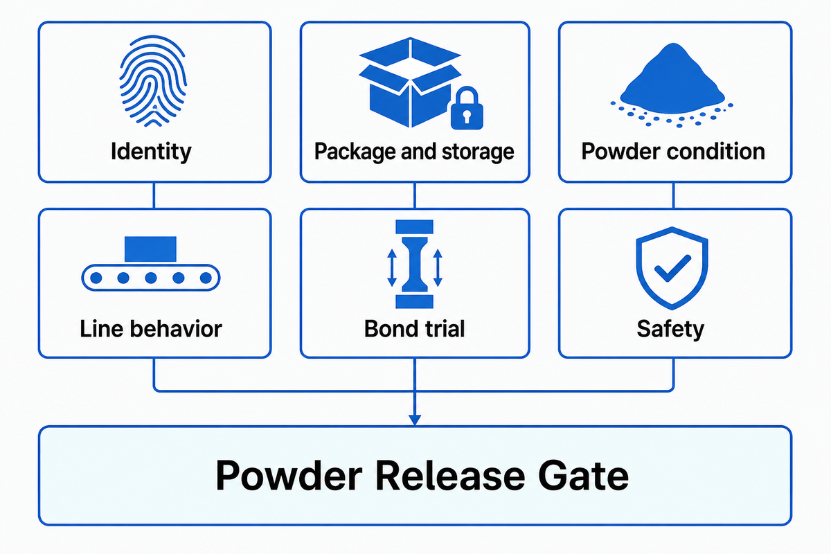 The PES powder release gate separates identity, storage, powder condition, line behavior, bond trial and safety evidence