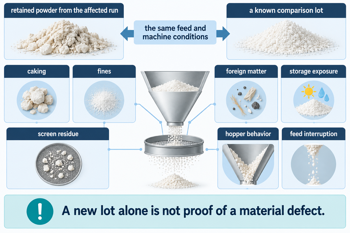 Compare powder lots under matched feed conditions and retain seven evidence types; article synthesis.