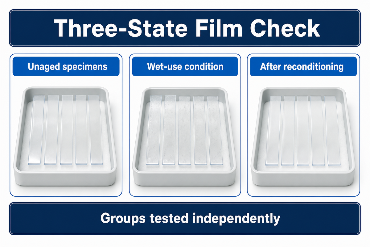 Compare separate unaged, wet and reconditioned specimen groups; the Three-State Film Check organizes the test brief.