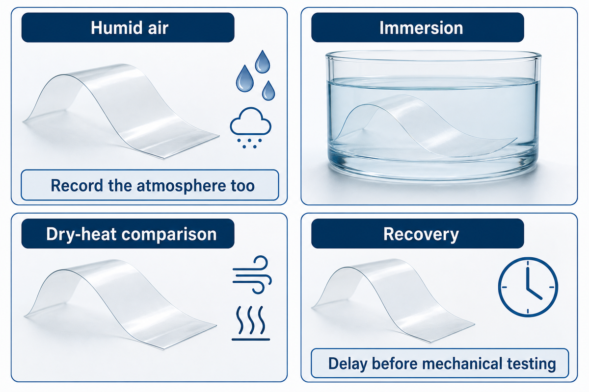 Record humid air, immersion, dry-heat comparison and recovery separately; ISO 1419 does not set universal free-film approval.
