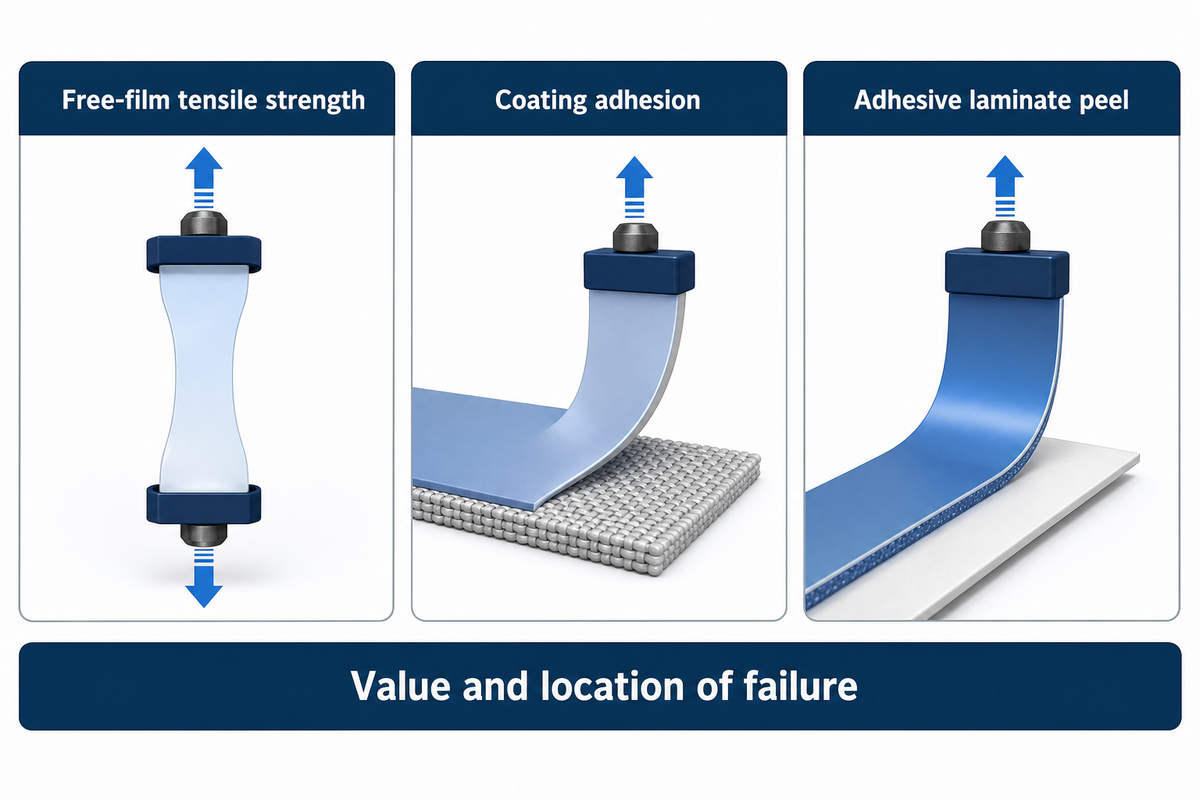 Film tensile and coating adhesion measure different specimens; confirm the scopes of ISO 527-3 and ISO 2411.