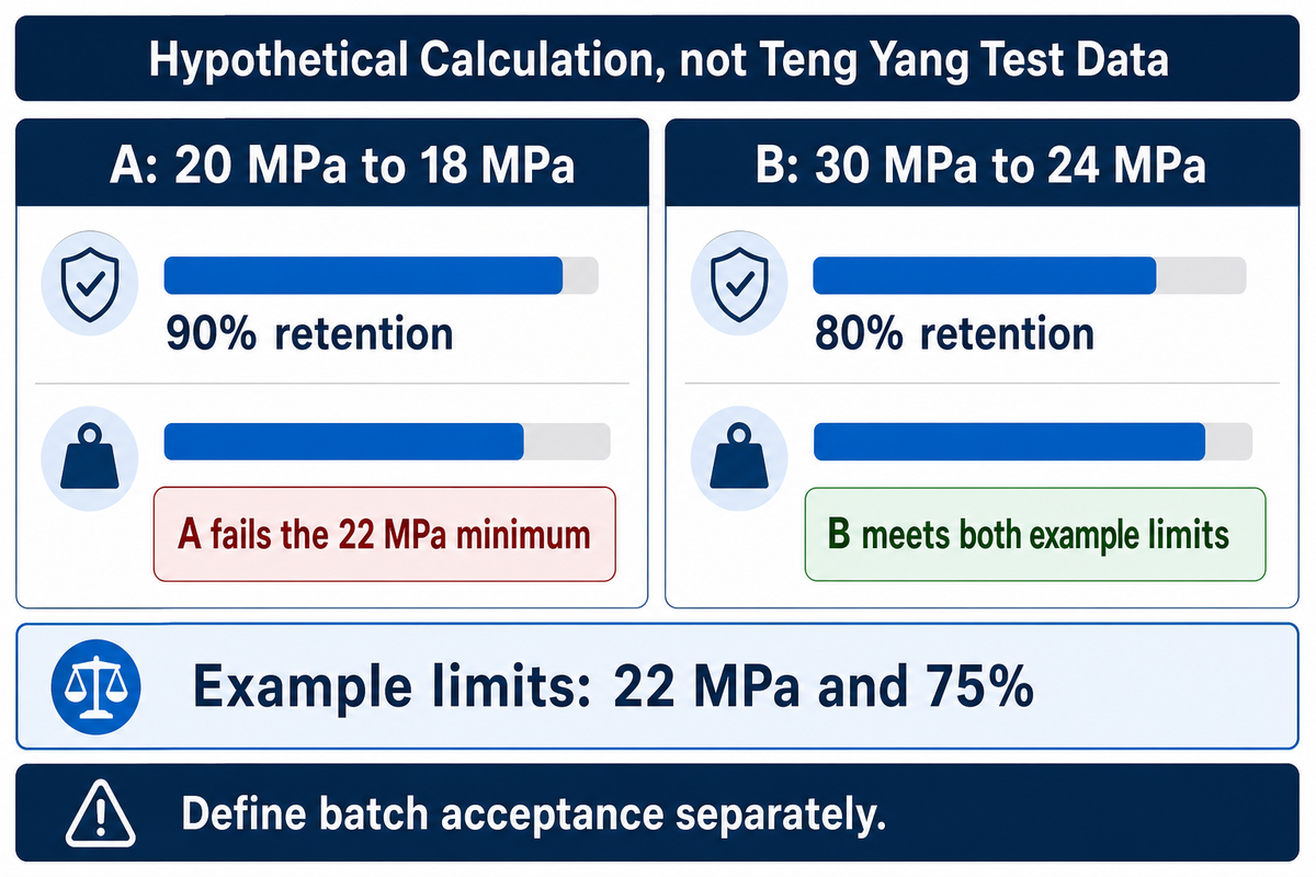 Hypothetical: A retains 90% but only 18 MPa; B retains 80% and 24 MPa. The example minimum is 22 MPa, not a standard.