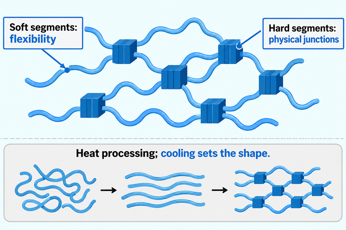 Soft and hard TPU segments explain elasticity and heat processing; conceptual structure.