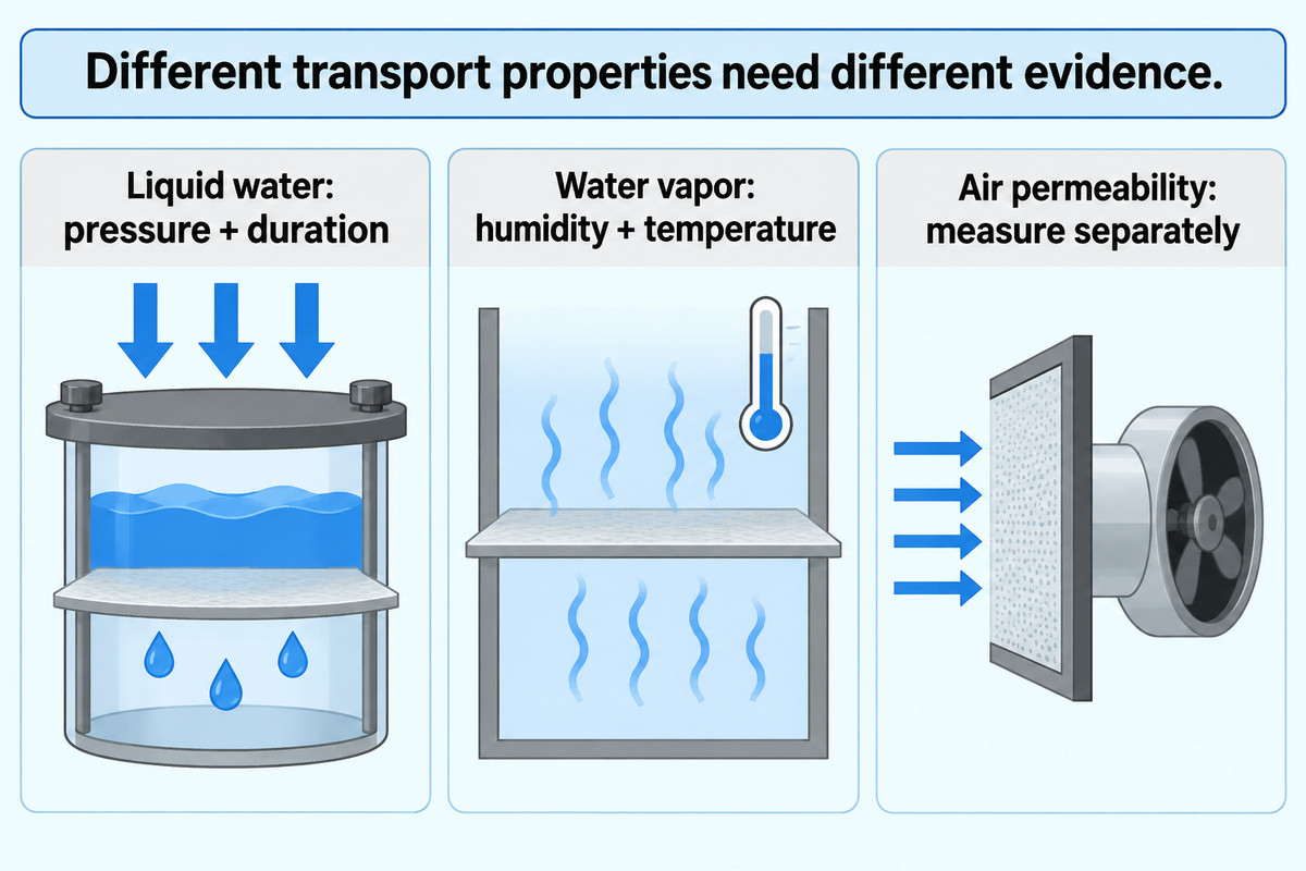 Water resistance, vapor transmission and air permeability require distinct evidence; test worksheet.