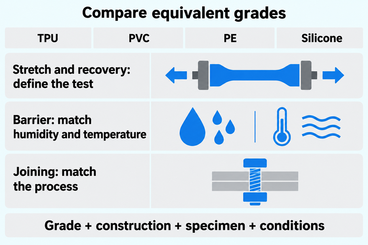 Compare TPU, PVC, PE and silicone by defined tests and matched conditions, not a universal ranking.